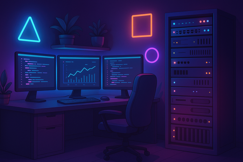AI Generated image of a home office in a neon theme.